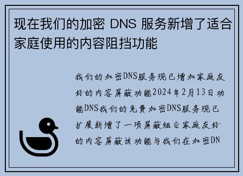 现在我们的加密 DNS 服务新增了适合家庭使用的内容阻挡功能 